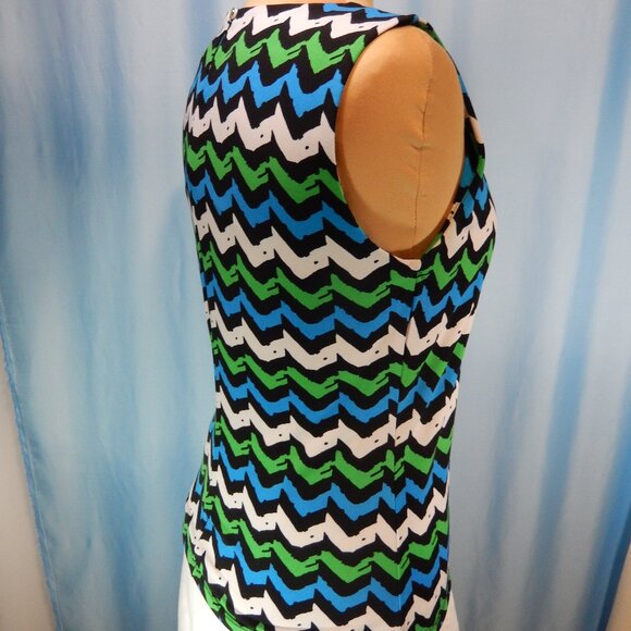 Calvin Klein Green/Blue/White/Black Pleated Neck Sleeveless Career Top Small EUC - Picture 5 of 12